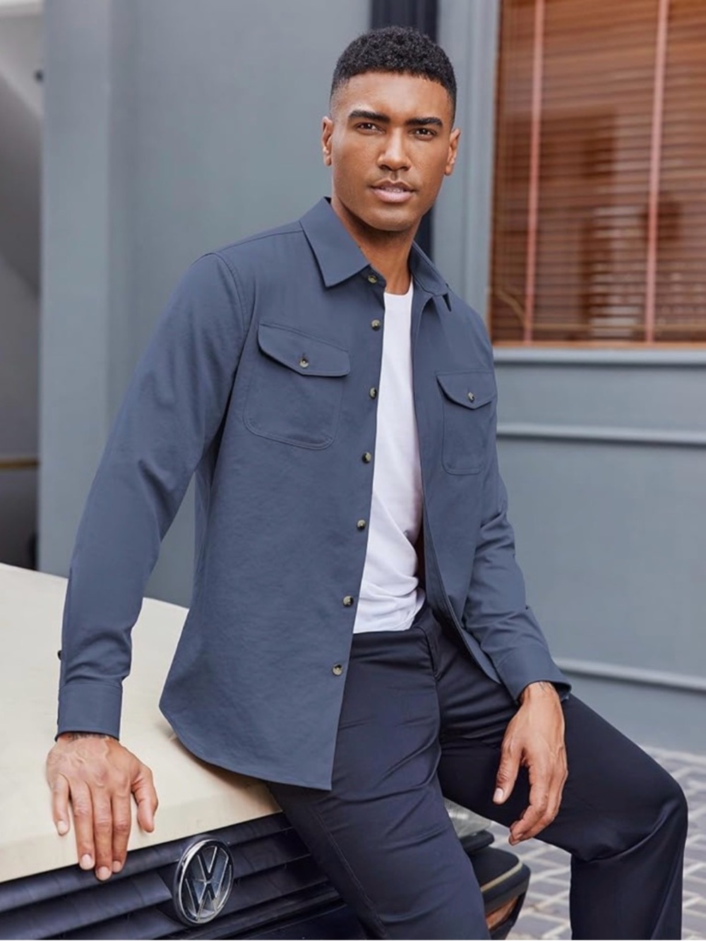 NWOT Coofandy Men's Casual Button-Down Work Shirt in Grey Blue - Picture 2 of 6
